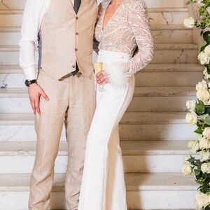 NADINE MERABI Elegant White Feather Jumpsuit